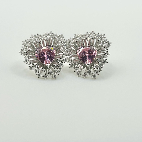 Silver & Pink Heart Floral Statement Stud Earrings White Gold Rhodium Zircon - Picture 5 of 5